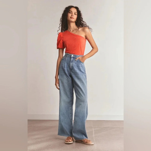 Z Supply One Shoulder Top in Orange Small Puff Sleeve Slub Cotton Soft Easter - Picture 2 of 12